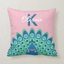 Niedliches rosa mit Monogramm des Pfau-| Kissen