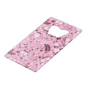 niedliches rosa Muster der Vögel und der Blumen Kreditkarten Flaschenöffner (Rückseite Schrägansicht)