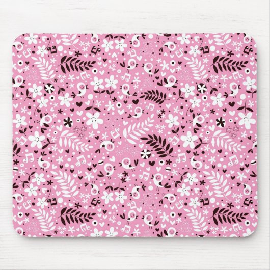 niedliches rosa Muster der Vögel und der Blumen Mousepad (Vorne)