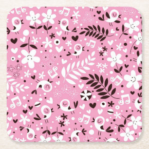 niedliches rosa Muster der Vögel und der Blumen Rechteckiger Pappuntersetzer
