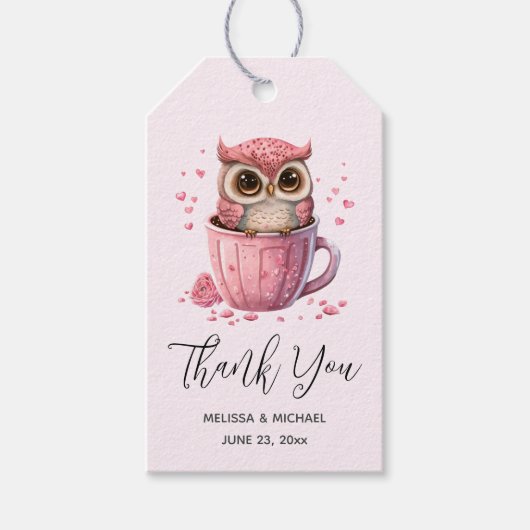 Niedliches rosa Owl in einem Cup-Event Vielen Dank Geschenkanhänger (Vorderseite)