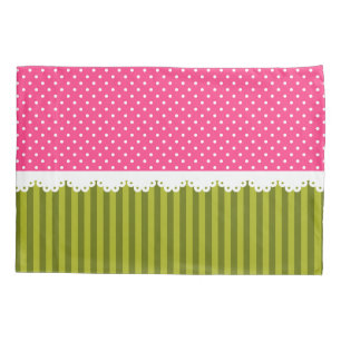 Niedliches rosa Polka-Punkt-Grün Stripes Muster Kissenbezug