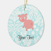 Niedliches rosa Schwein; Aquamariner Damast Keramikornament (Links)