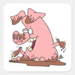 niedliches Rosa Schwein im Schlamm Cartoon Quadratischer Aufkleber