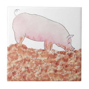 Niedliches rosa Schwein im Schlamm Lustige Aquarel Fliese