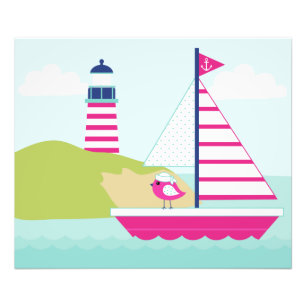 Niedliches rosa Segelboot und Leuchtturm Fotodruck