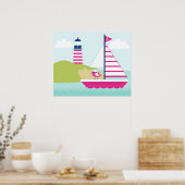 Niedliches rosa Segelboot und Leuchtturm Poster (Küche)