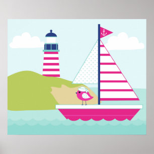 Niedliches rosa Segelboot und Leuchtturm Poster