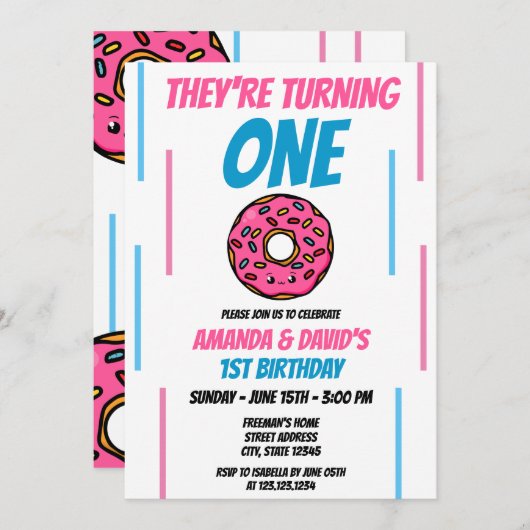 Niedliches Rosa und Blauer Donut Twin Joint 1. Geb Einladung (Vorne/Hinten)