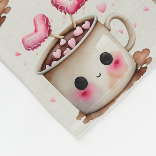 Niedliches rosa und cremefarbenes Kakao-Muster Fleecedecke (Ecke)