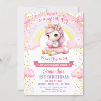 Niedliches Rosa und Gold Einhorn Ballerina 1. Gebu Einladung