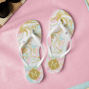 Niedliches Rosa und Gold Suminagashi Mit Monogramm Badesandalen