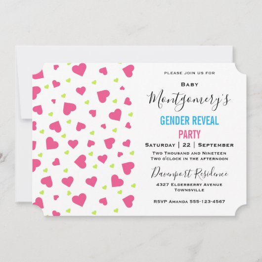 Niedliches rosa und grünes Herz-Muster Geschlechts Einladung (Vorderseite)