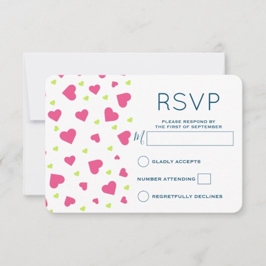 Niedliches rosa und grünes Herz-Muster RSVP Karte (Vorderseite)
