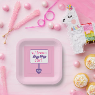 Niedliches Rosa und Lila Baby Girl Dusche Wegweise Pappteller