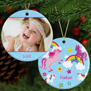 Niedliches Rosa und Lila Einhorn Weihnachten Foto Keramik Ornament