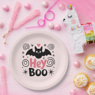 Niedliches Rosa und Schwarzes Boo Bat Halloween-Pa Pappteller