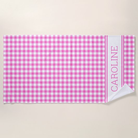 Niedliches Rosa und Weiß Gingham Karierter Karo Strandtuch (Vorderseite)