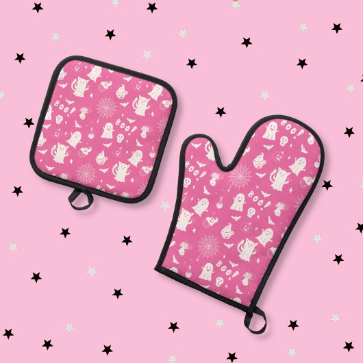 Niedliches Rosa und Weiß Halloween Ofenhandschuh & Topflappen-Set