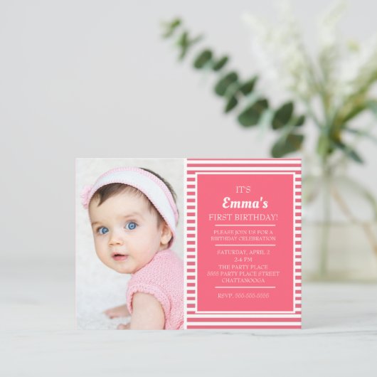 Niedliches Rosa Weiß gestreiftes Girl's Birthday F Postkarte (Stehend Vorderseite)