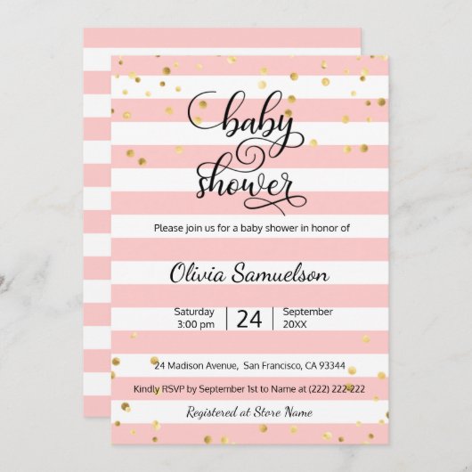 Niedliches rosa Weiß Stripes schwarze Einladung (Vorne/Hinten)