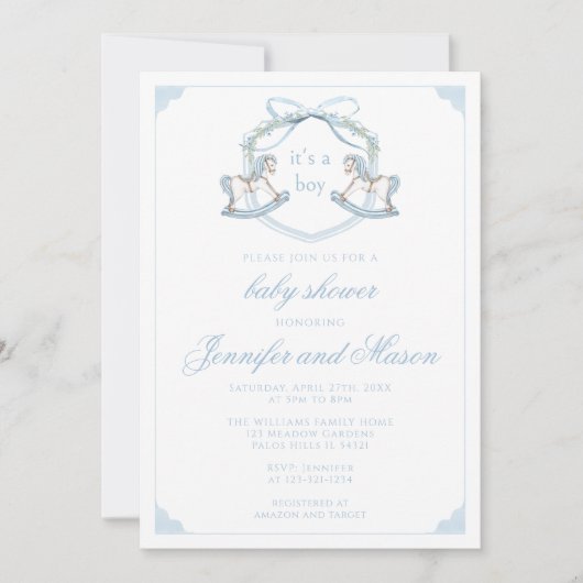 Niedliches Rosenpferd Wappen boho Babydusche Einladung (Vorderseite)