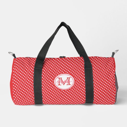 Niedliches Rot-Weiß-Punkt-Muster Mit Monogramm Duffle Bag (Vorderseite)