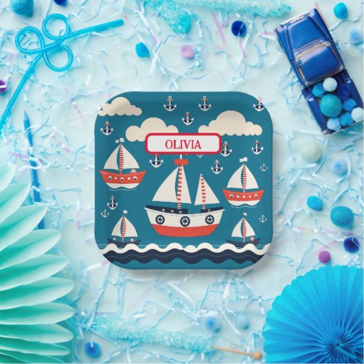 Niedliches Rot-Weiß-Segelboot mit Ankern Pappteller (Party)