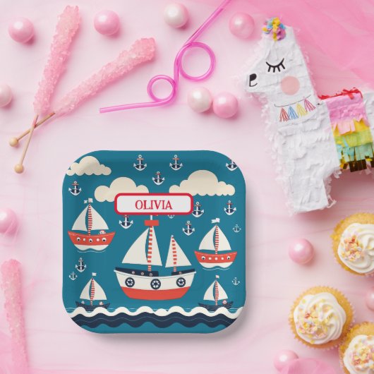 Niedliches Rot-Weiß-Segelboot mit Ankern Pappteller (Party)