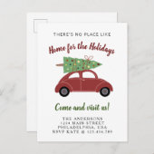 Niedliches Rotes Auto mit Weihnachtsbaumwanderung Ankündigungspostkarte (Vorne/Hinten)
