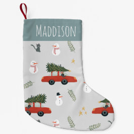 Niedliches Rotes Auto und Schneemann Winterurlaub  Kleiner Weihnachtsstrumpf