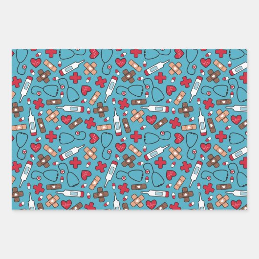 Niedliches rotes blaues Krankenpflegemuster Geschenkpapier Set (Vorderseite)