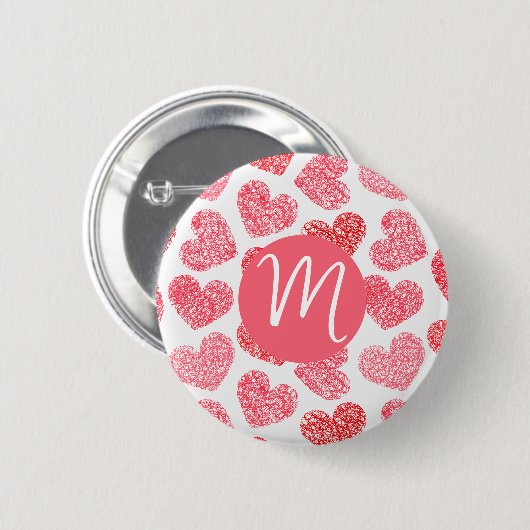 Niedliches rotes doodled Heart Valentine's Day Mon Button (Vorne & Hinten)
