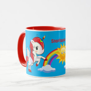 Niedliches Rotes Einhorn Regenbogen & Sonne Person Tasse