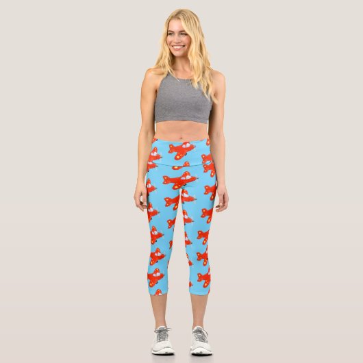 Niedliches rotes Flugzeug mit Cartoon Capri Leggings (Vorderseite)