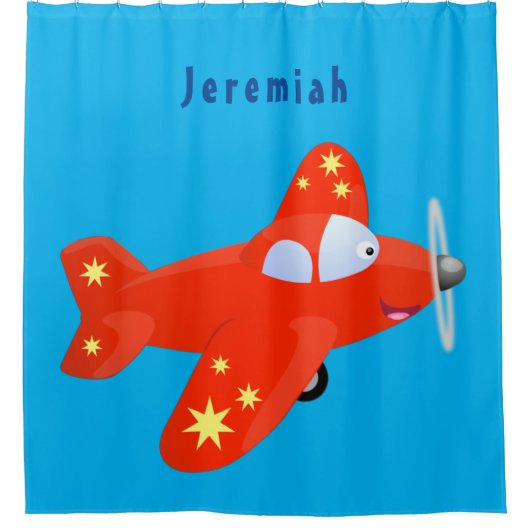 Niedliches rotes Flugzeug mit Cartoon Duschvorhang (Vorderseite)