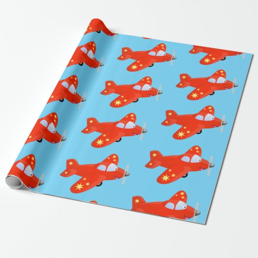 Niedliches rotes Flugzeug mit Cartoon Geschenkpapier (Ungerollt)