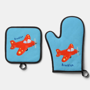 Niedliches rotes Flugzeug mit Cartoon Ofenhandschuh & Topflappen-Set