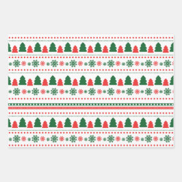 Niedliches Rotes Grün Schneeflocken Weihnachtsmust Geschenkpapier Set