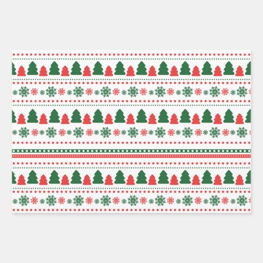 Niedliches Rotes Grün Schneeflocken Weihnachtsmust Geschenkpapier Set (Vorderseite)