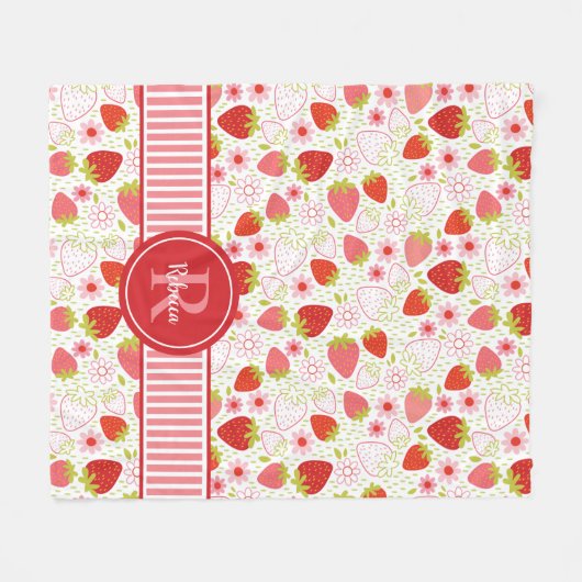 Niedliches rotes Monogramm Floral-Erdbeermuster Fleecedecke (Vorderseite (Horizontal))