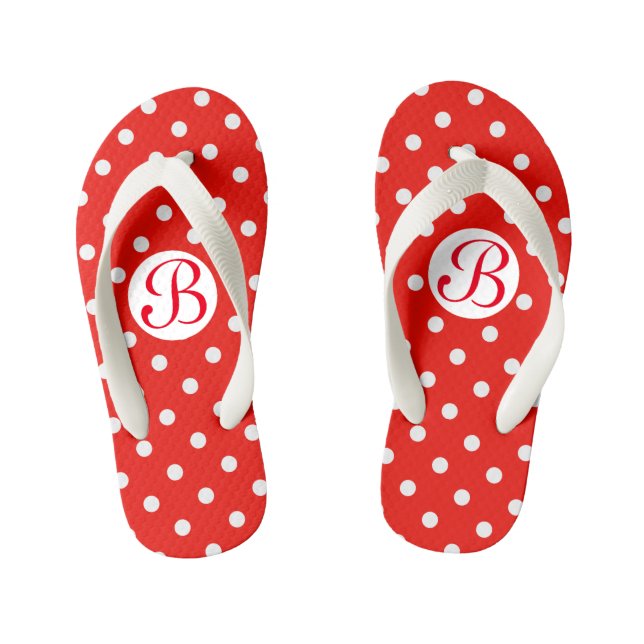 Niedliches rotes und weißes Polka-Punkt-Monogramm Kinderbadesandalen (Fußbett)