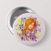 Niedliches Rotkopfmädchen im Garten. Aquarell Button (Vorne & Hinten)
