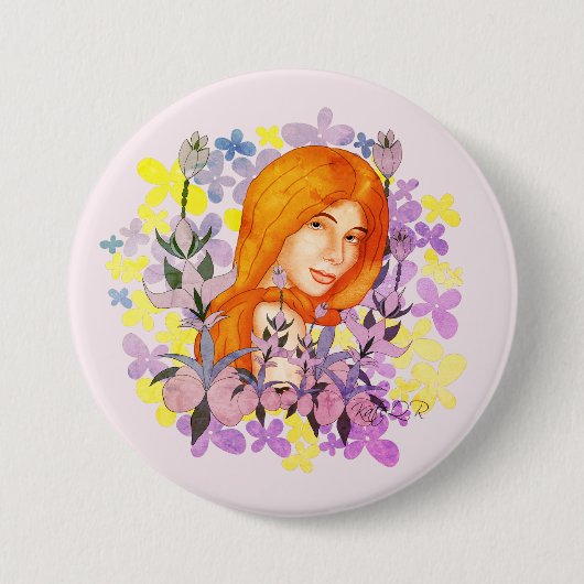Niedliches Rotkopfmädchen im Garten. Aquarell Button (Vorderseite)
