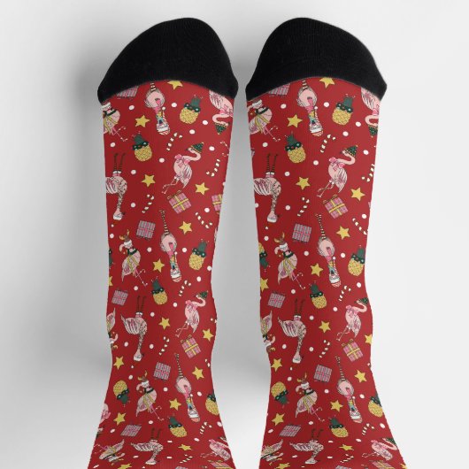 Niedliches Rotweihnachtsmuster Flamingo und Ananas Socken (Oben)