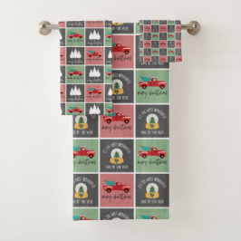 Niedliches Rotwein und grünes Weihnachtsbaummuster Badhandtuch Set