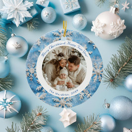 Niedliches Round Blue Snowflake Weihnachts-Foto Keramik Ornament