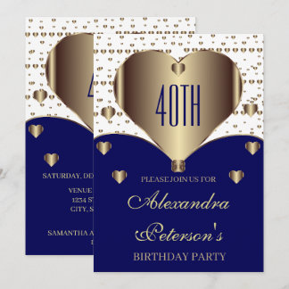 Niedliches Royal Blue White and Golden Hearts Gebu Einladung