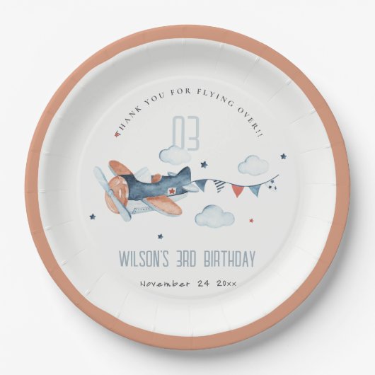 Niedliches Rust Navy Kids Flugzeug Stars Sky Cloud Pappteller (Vorderseite)