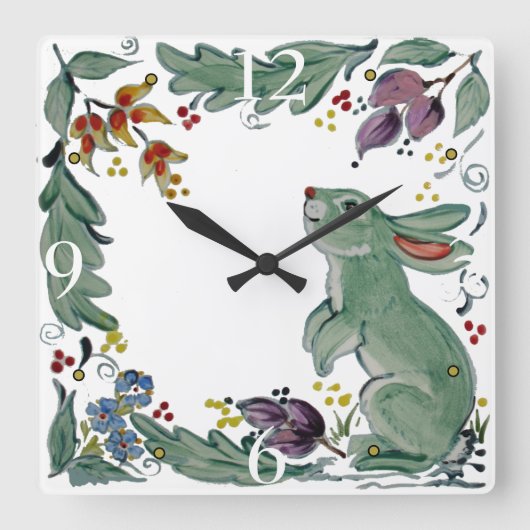 Niedliches Rustikales Aquamarines Kaninchen Bunny Quadratische Wanduhr (Vorderseite)